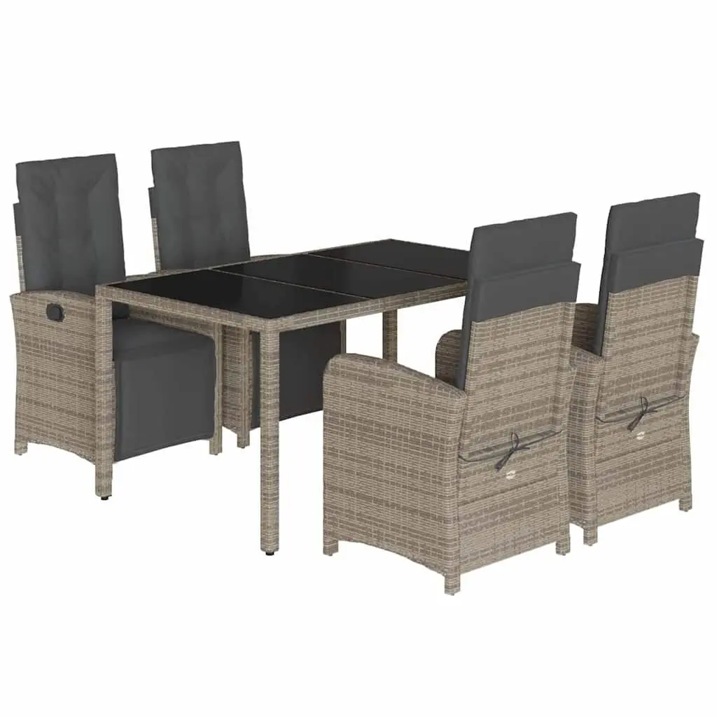 Garden Dining Set 5 Piece Grey Poly Rattan Cushioned Seating Tempered Glass Tabletop