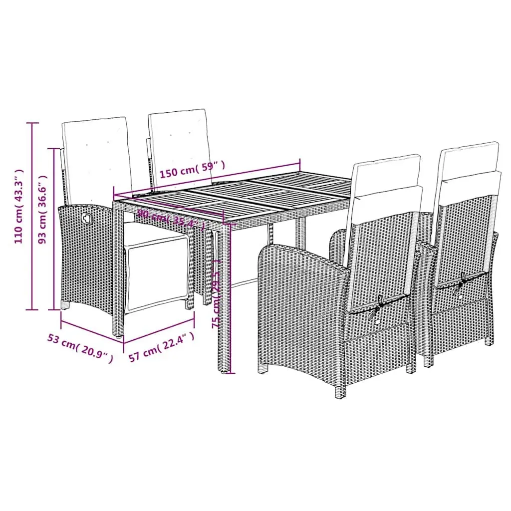 Garden Dining Set 5 Piece Outdoor Furniture Grey Poly Rattan Table with Cushions