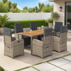 7 Piece Garden Dining Set Grey Poly Rattan Outdoor Furniture with Cushions