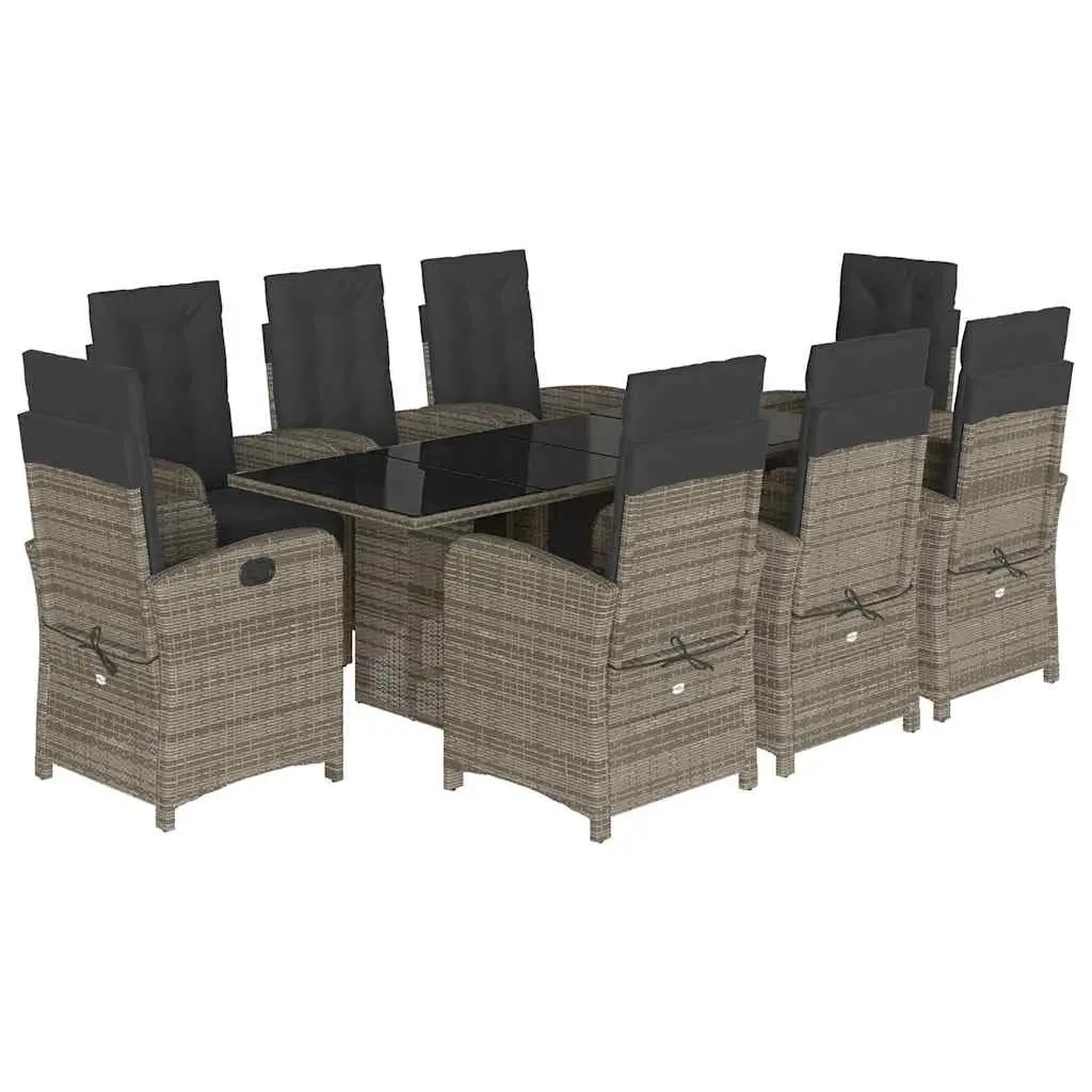 9 Piece Outdoor Dining Set Grey Poly Rattan Cushions Adjustable Backrest Patio Furniture