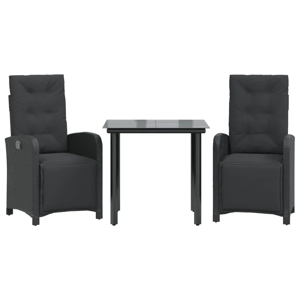 Outdoor Bistro Set 3 Piece Black Poly Rattan with Cushions Adjustable Backrest and Tempered Glass Tabletop