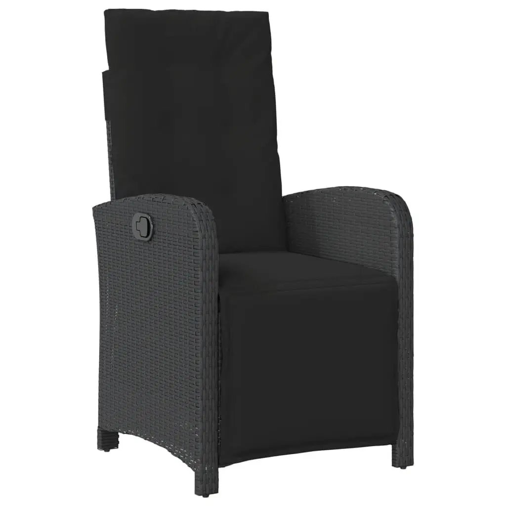 Outdoor Bistro Set 3 Piece Black Poly Rattan with Cushions Adjustable Backrest and Tempered Glass Tabletop