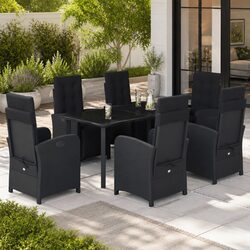 7 Piece Garden Dining Set with Cushions Black Poly Rattan Outdoor Furniture