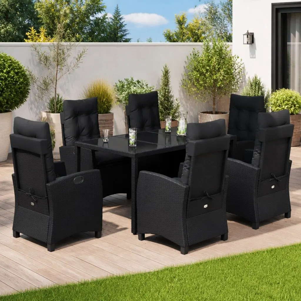 Outdoor Dining Set 7 Piece Black Poly Rattan with Cushions and Tempered Glass Tabletop