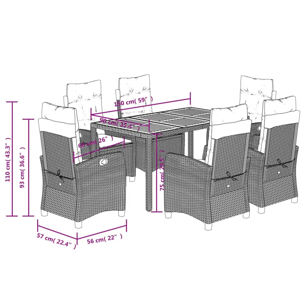 Outdoor Dining Set 7 Piece Black PE Rattan Chairs Table Adjustable Backrest Acacia Wood Top