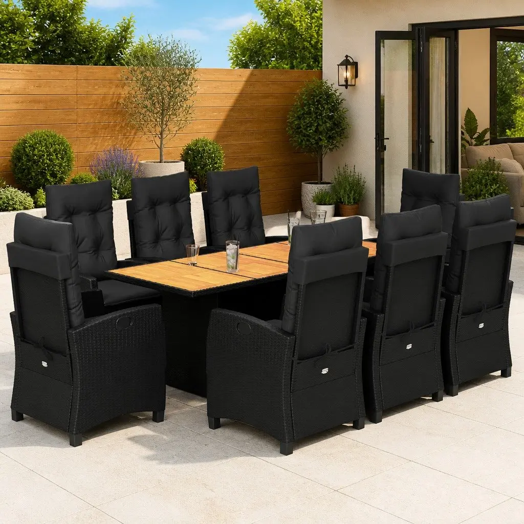 Garden Dining Set 9 Piece Outdoor Furniture Black PE Rattan Acacia Wood Table Adjustable Backrest Cushions