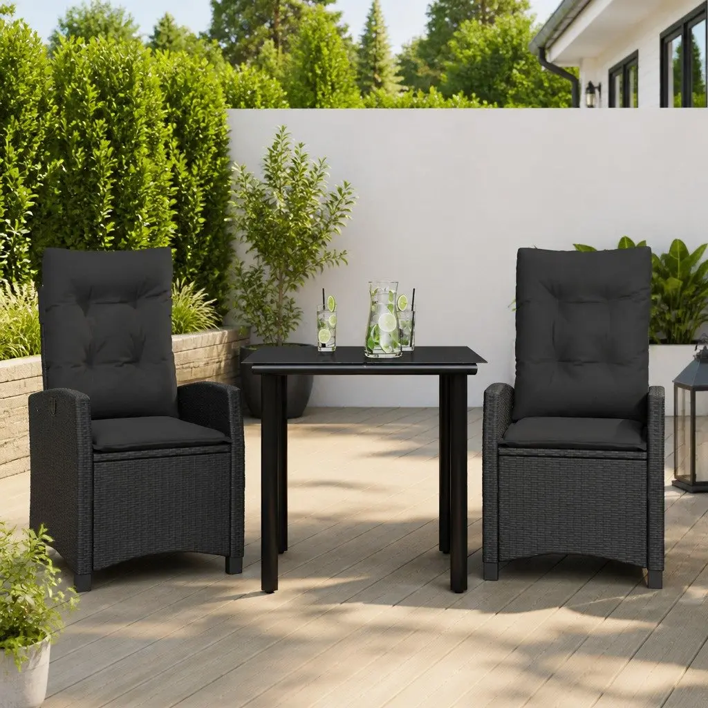 Garden Dining Set 3 Piece Black Poly Rattan Adjustable Backrest Tempered Glass Table