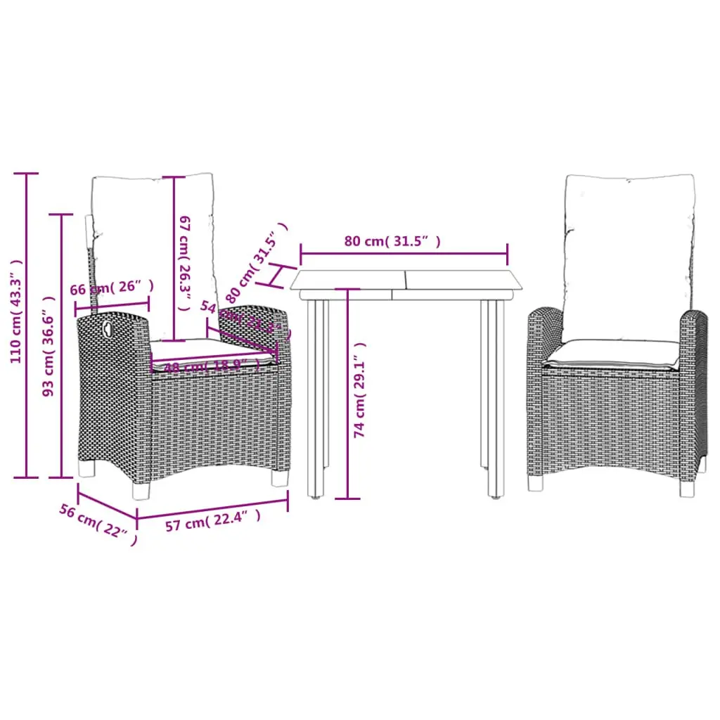 Garden Dining Set 3 Piece Black Poly Rattan Adjustable Backrest Tempered Glass Table
