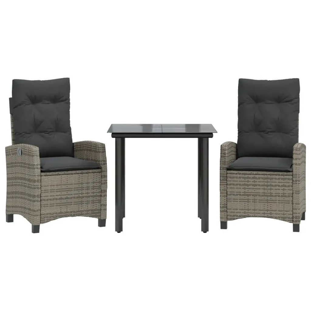 Outdoor Dining Set 3 Piece Grey PE Rattan Table with Adjustable Chairs and Tempered Glass Top