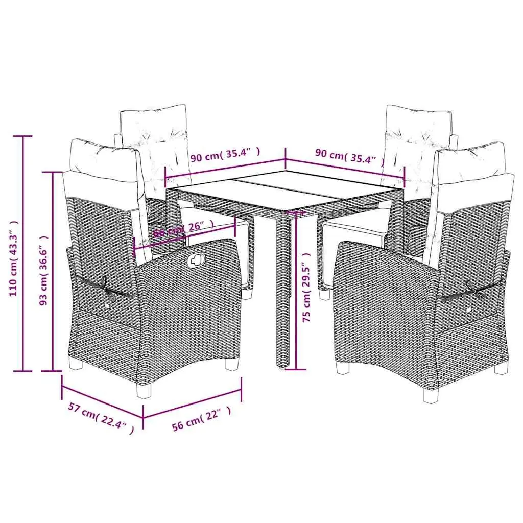 Outdoor Dining Set 5 Piece Black PE Rattan Furniture with Cushions and Tempered Glass Table for Garden and Patio