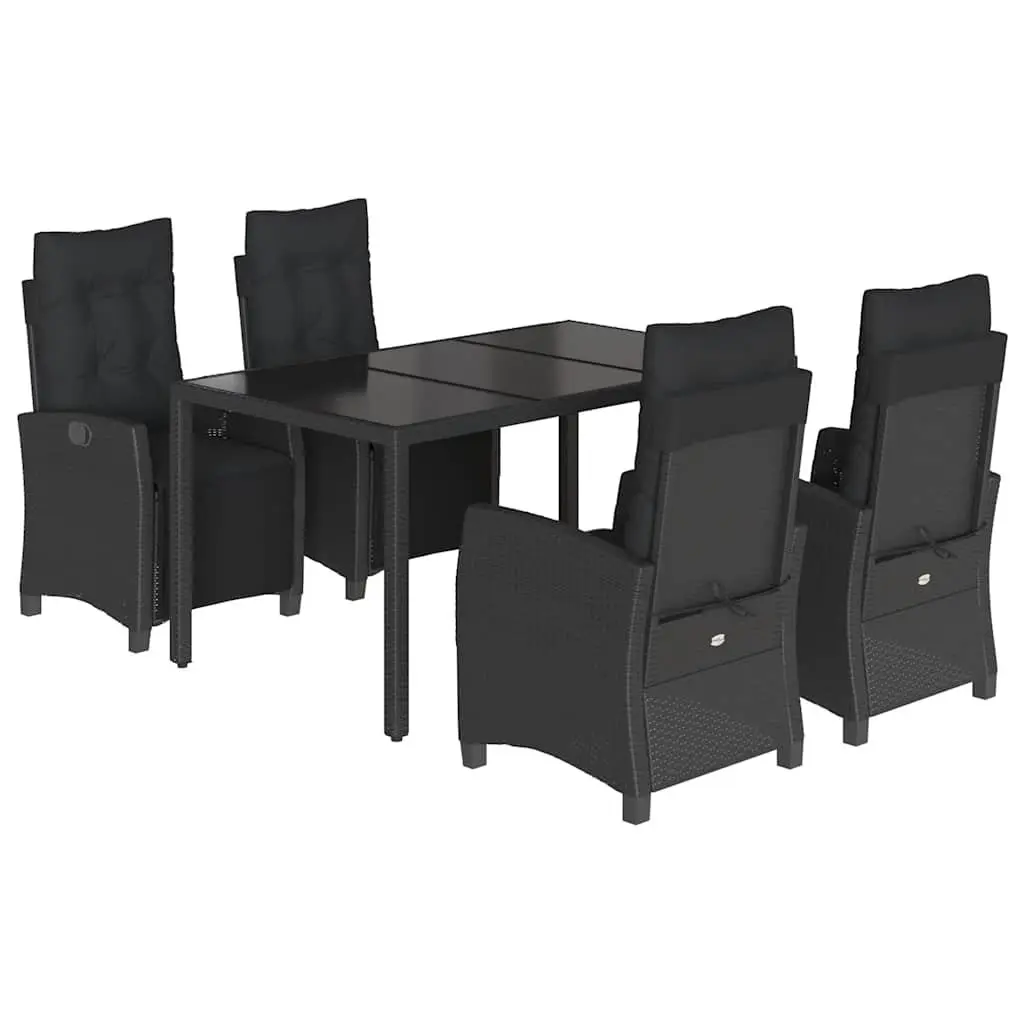Outdoor Garden Dining Set 5 Piece Black PE Rattan Chairs Table with Tempered Glass Top and Adjustable Seating