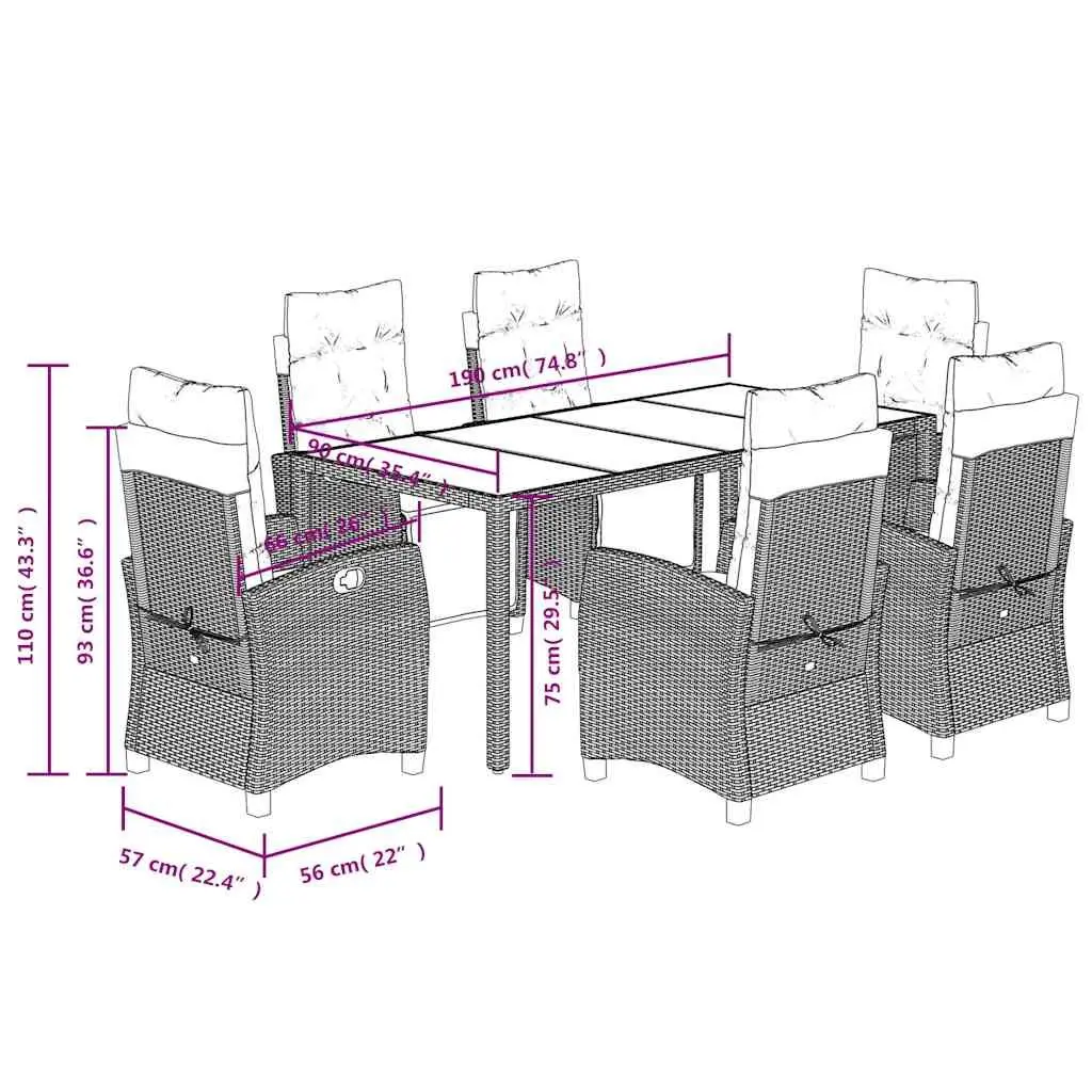 7 Piece Garden Dining Set Black Poly Rattan with Cushions and Tempered Glass Tabletop