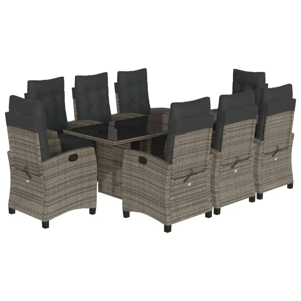 Garden Dining Set 9 Pieces Grey PE Rattan Table Chairs Cushions Tempered Glass Top