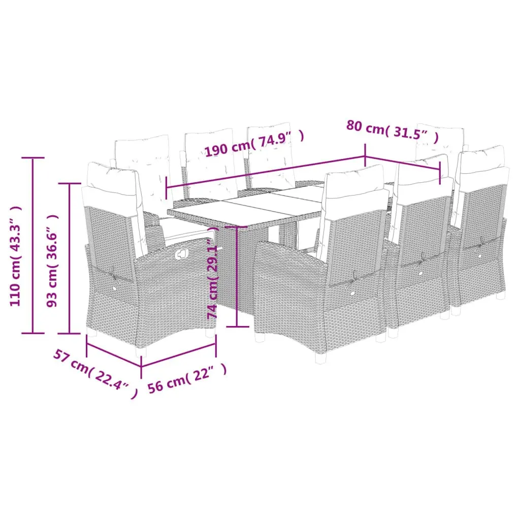 Garden Dining Set 9 Pieces Grey PE Rattan Table Chairs Cushions Tempered Glass Top