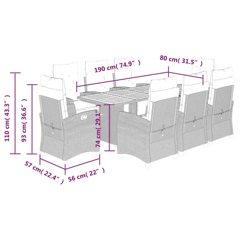 Outdoor Dining Set 9 Piece Black Poly Rattan with Cushions Adjustable Backrest Acacia Wood Tabletop