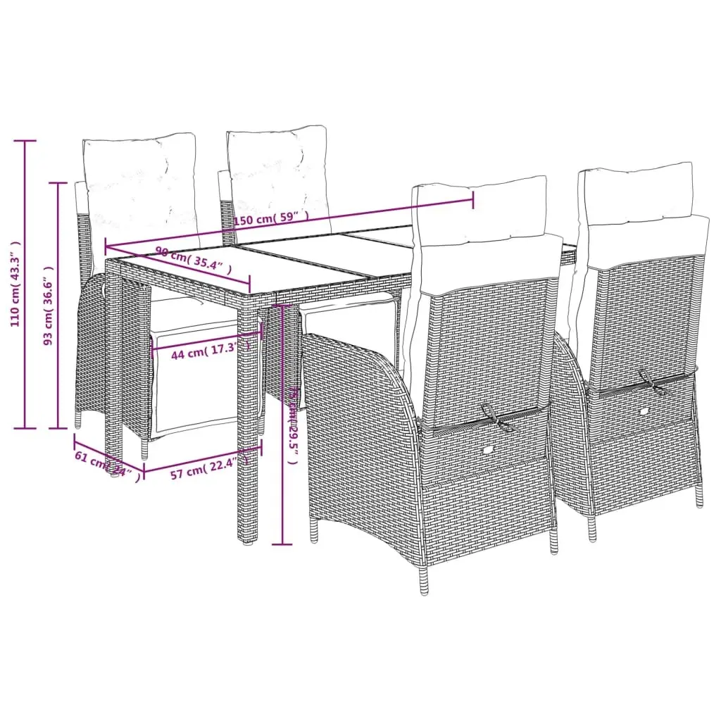 Garden Dining Set 5 Piece Black PE Rattan Outdoor Furniture with Tempered Glass Table and Adjustable Backrest Chairs
