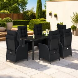 7 Piece Outdoor Garden Dining Set Black Poly Rattan Chair Table Patio Furniture