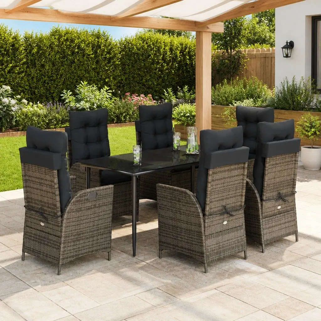 Garden Dining Set 7 Piece Grey Poly Rattan Table with Adjustable Backrest and Cushions
