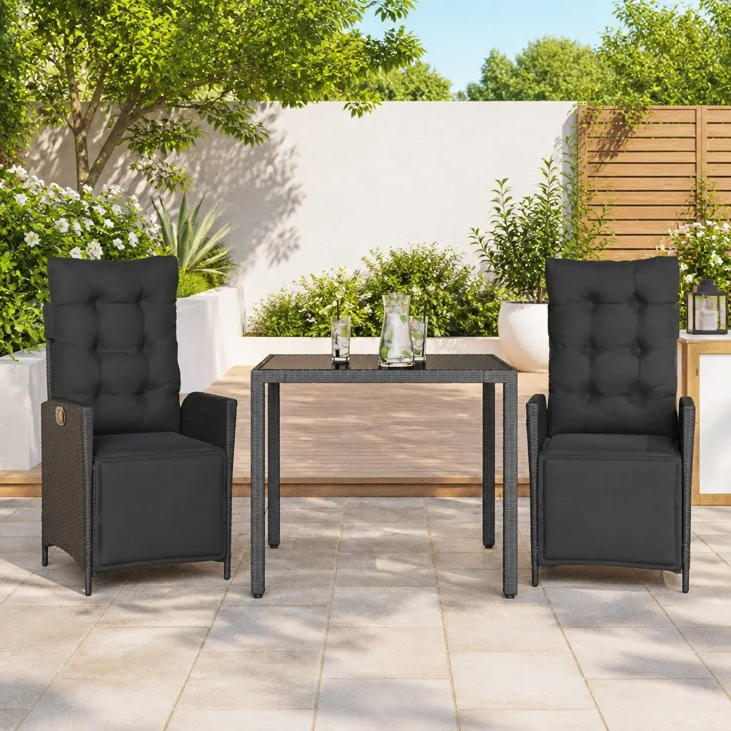 Black Rattan Outdoor Dining Set 3 Piece with Cushions and Glass Top for Garden and Patio