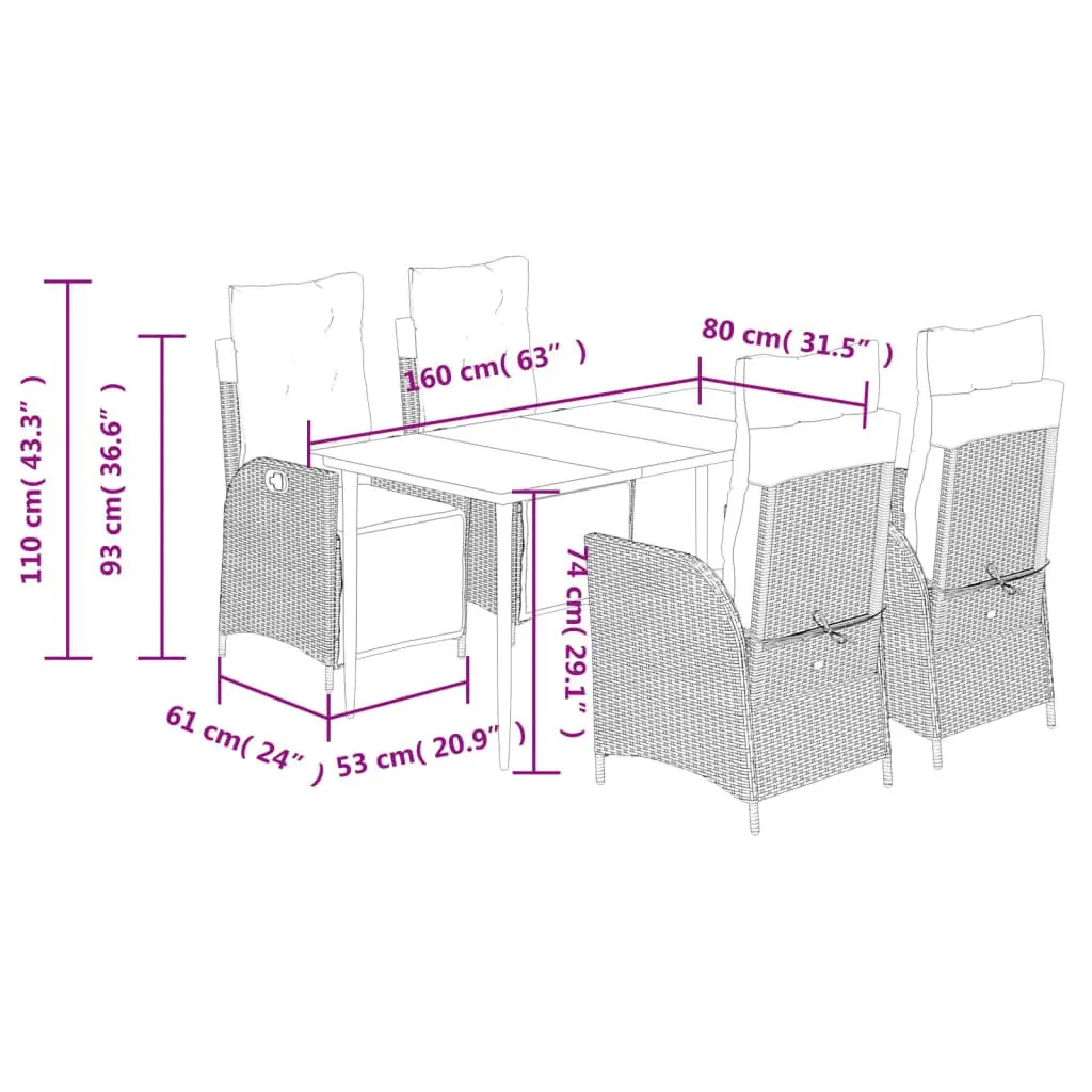 Outdoor Dining Set 5 Piece Black Poly Rattan with Cushions Adjustable Backrest and Footrest Tempered Glass Tabletop