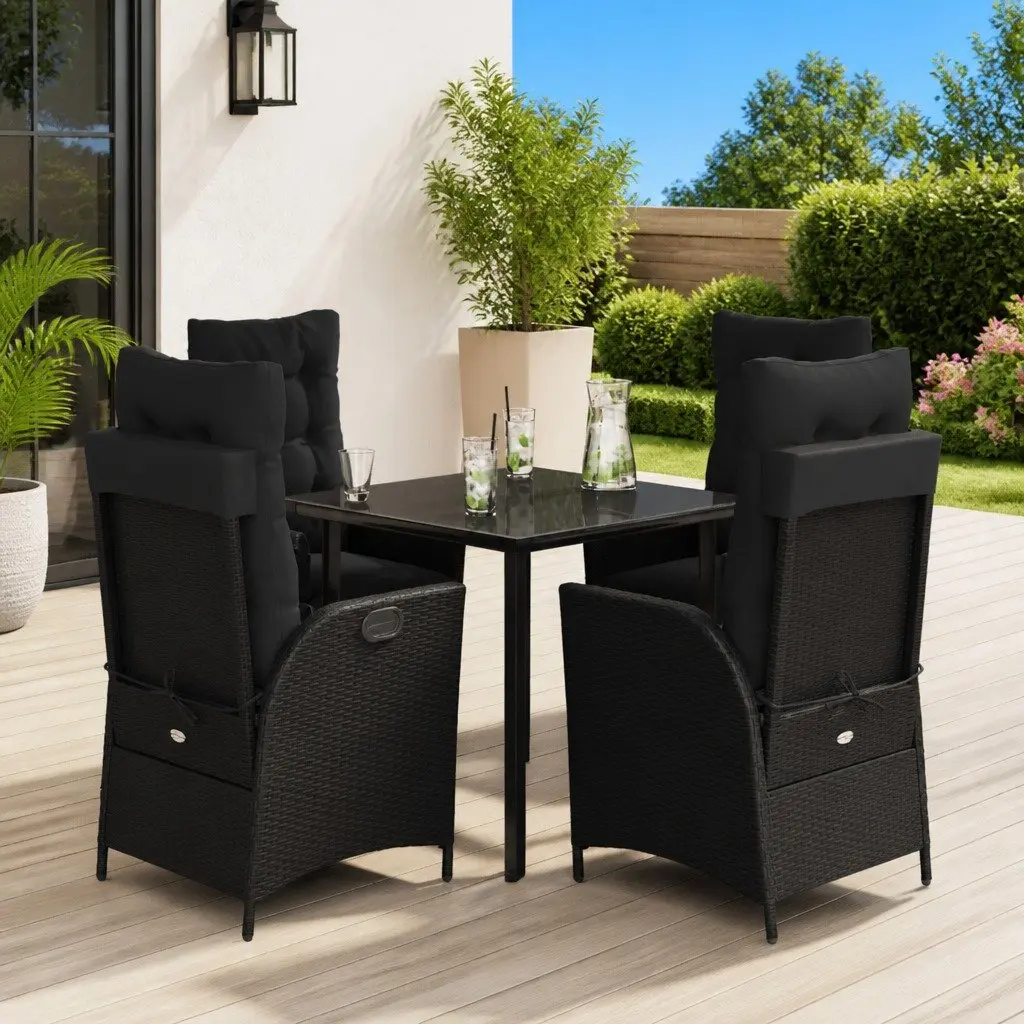 Garden Dining Set 5 Piece Outdoor Furniture Black Poly Rattan Cushions