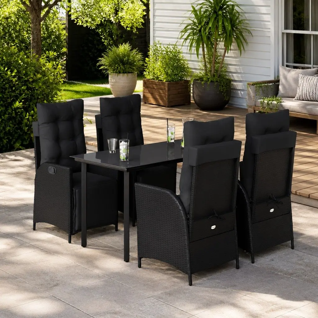 Garden Dining Set 5 Piece Outdoor Furniture Black PE Rattan Cushioned Seating with Glass Tabletop