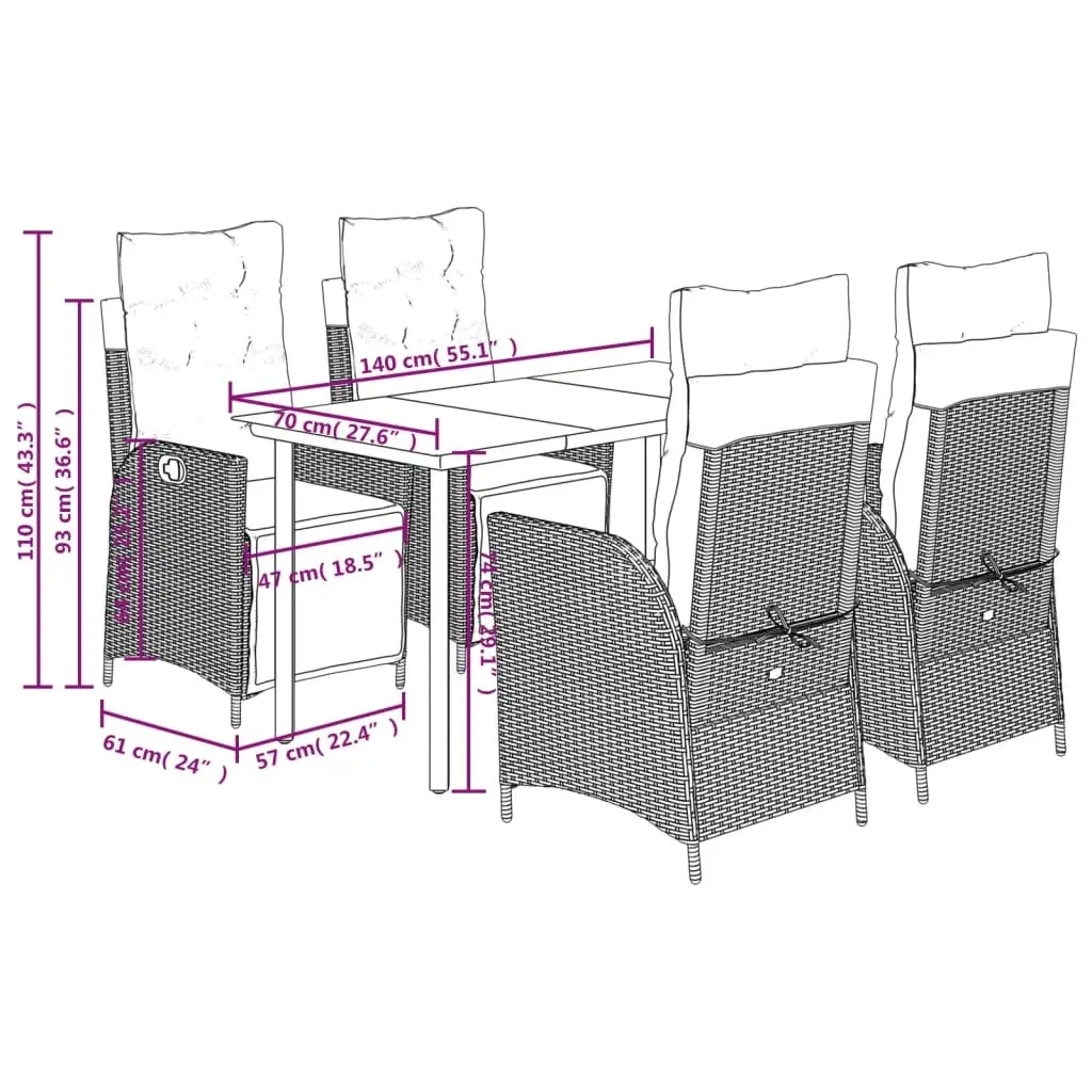 Garden Dining Set 5 Piece Outdoor Furniture Black PE Rattan Cushioned Seating with Glass Tabletop