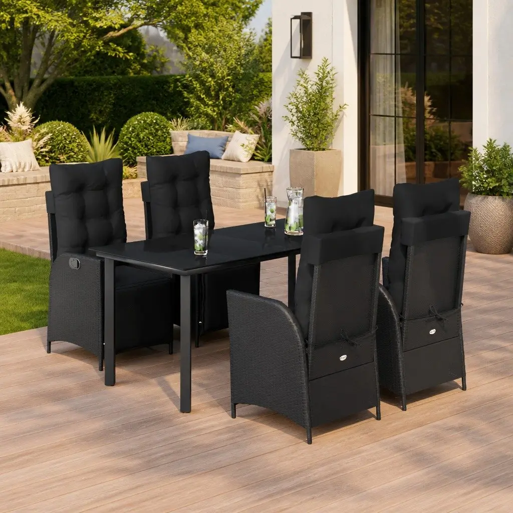 Outdoor Dining Set 5 Piece Adjustable Backrest Cushions Black PE Rattan