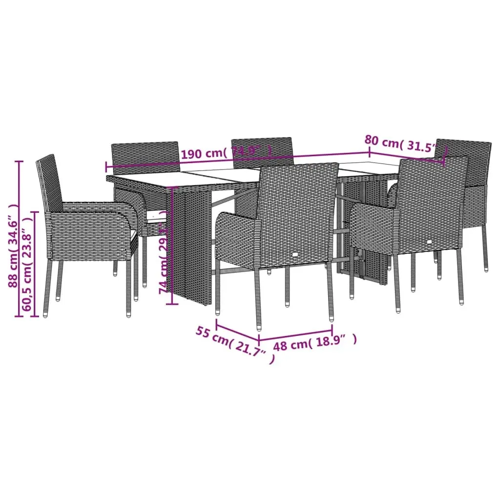 7 Piece Grey Poly Rattan Patio Dining Set with Cushions and Tempered Glass Table