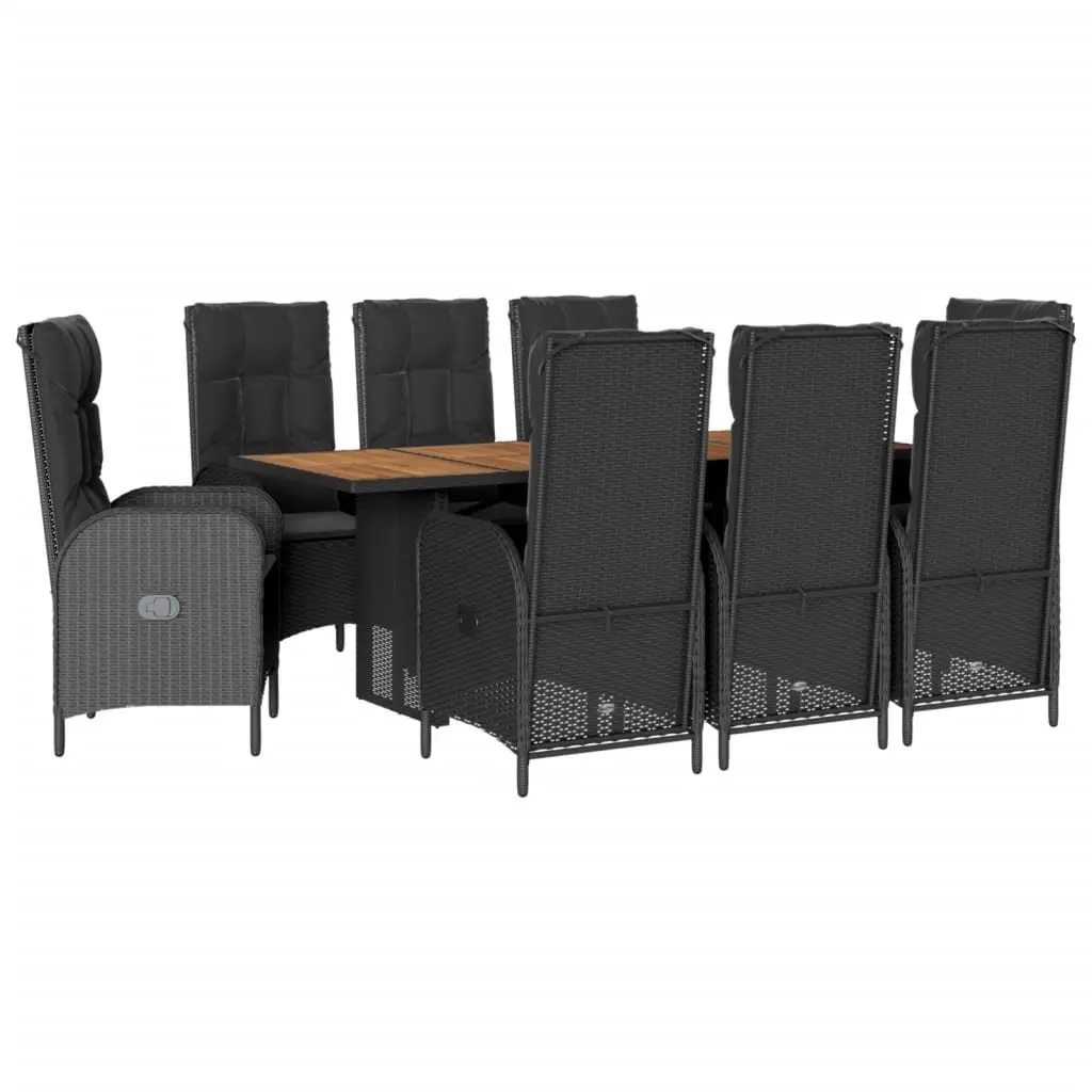 Outdoor Dining Set 9 Piece Black PE Rattan Adjustable Chairs with Thickly Padded Cushions and Acacia Wood Tabletop