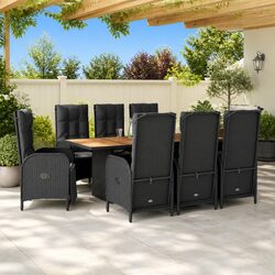 Outdoor Garden Dining Set 9 Piece Black Poly Rattan Chairs Table Cushions