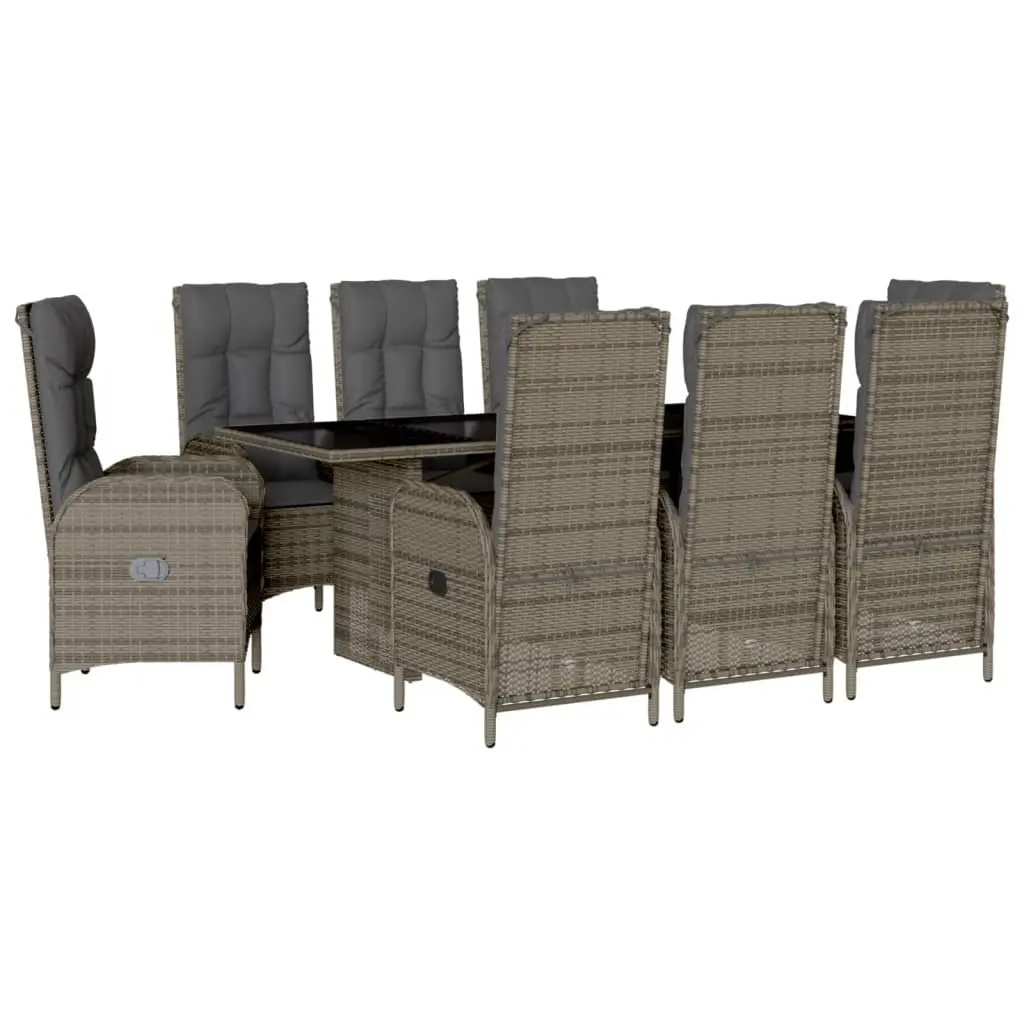 Garden Dining Set 9 Piece Grey PE Rattan Outdoor Furniture with Tempered Glass Table and Adjustable Backrest