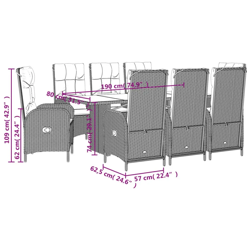 Garden Dining Set 9 Piece Grey PE Rattan Outdoor Furniture with Tempered Glass Table and Adjustable Backrest
