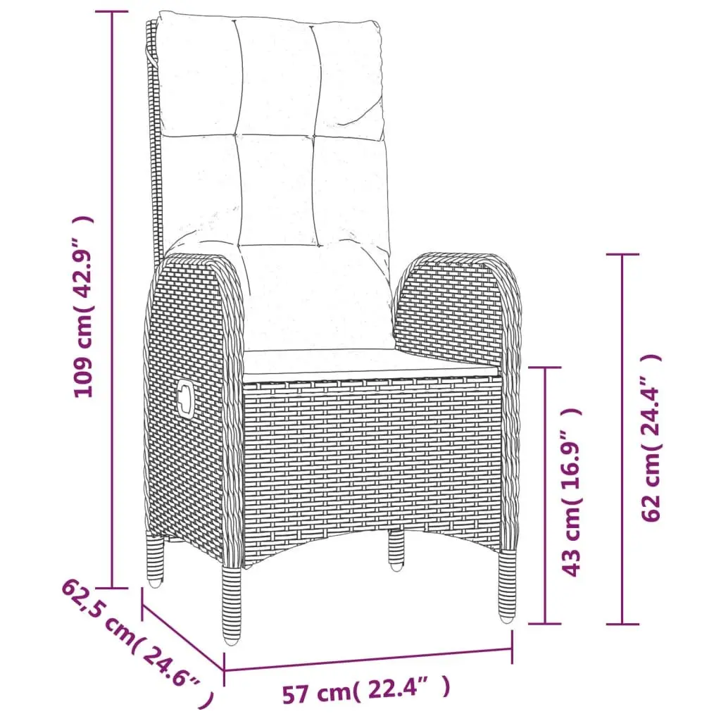 Garden Dining Set 9 Piece Grey Poly Rattan Outdoor Furniture with Adjustable Backrest and Tempered Glass Tabletop