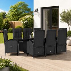 Outdoor Garden Dining Set 9 Piece Black Poly Rattan Chairs Table Cushions