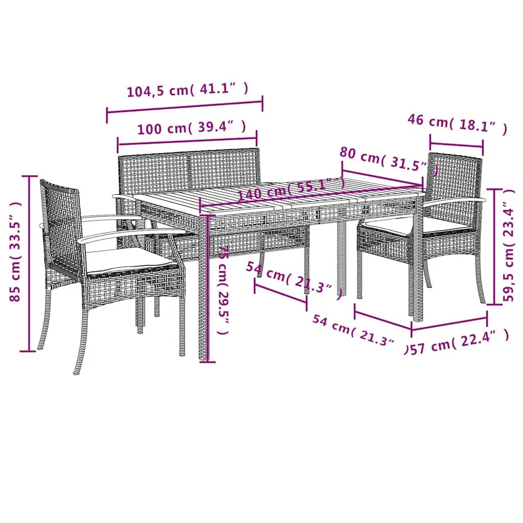 4 Piece Outdoor Dining Set Black Poly Rattan Garden Furniture Patio Table Chairs