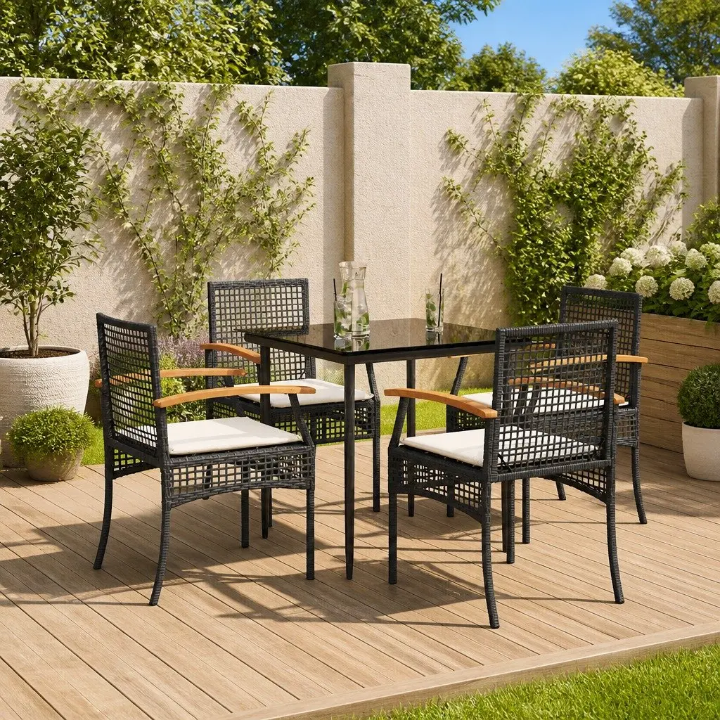 Garden Dining Set 5 Piece Black PE Rattan Outdoor Furniture with Tempered Glass Table and Padded Seat Cushions