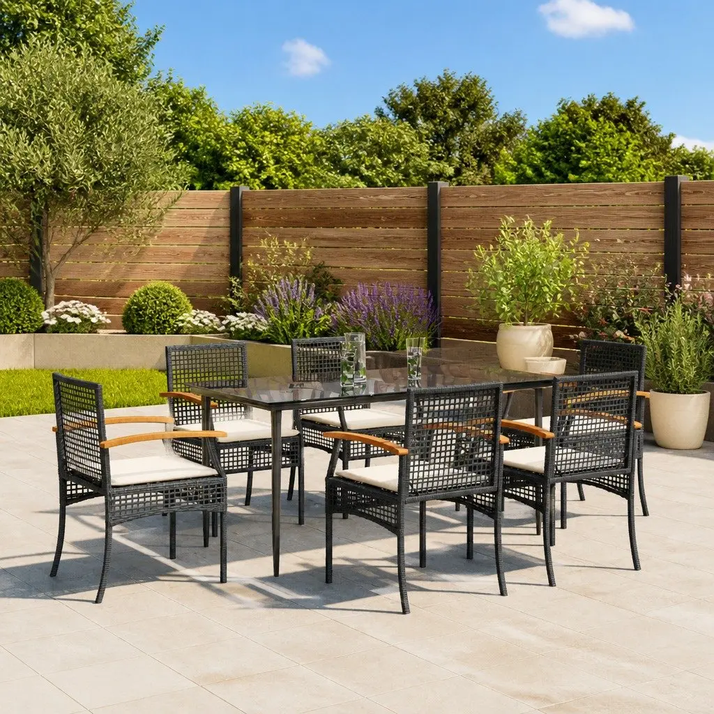 7 Piece Garden Dining Set Outdoor Furniture Black Poly Rattan with Cushions