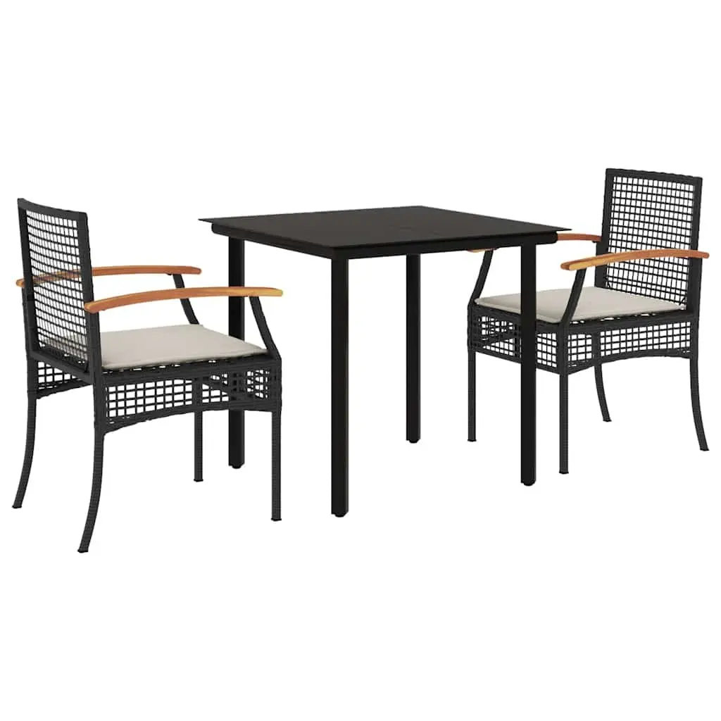 3 Piece Outdoor Dining Set Black Poly Rattan Table Chairs Garden Patio Furniture