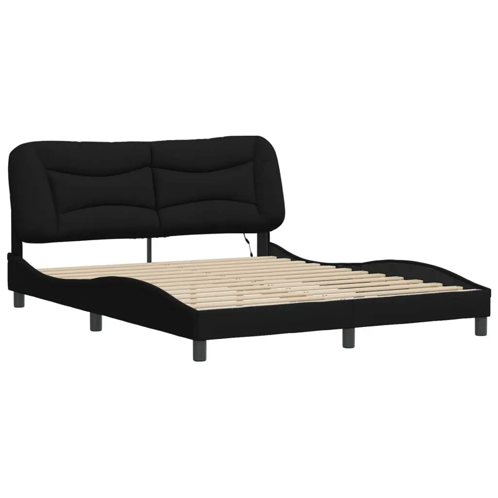 Queen Bed Frame Black Fabric LED Lights Padded Headboard Support