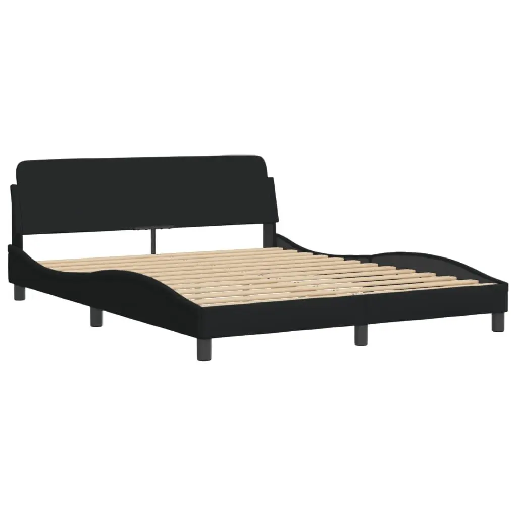 Queen Bed Frame Black Fabric LED Lights Padded Headboard Support