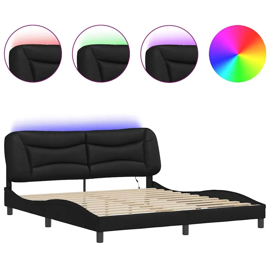 Black Bed Frame 180x200cm Faux Leather Upholstered Headboard with Colourful LED Strip Lights