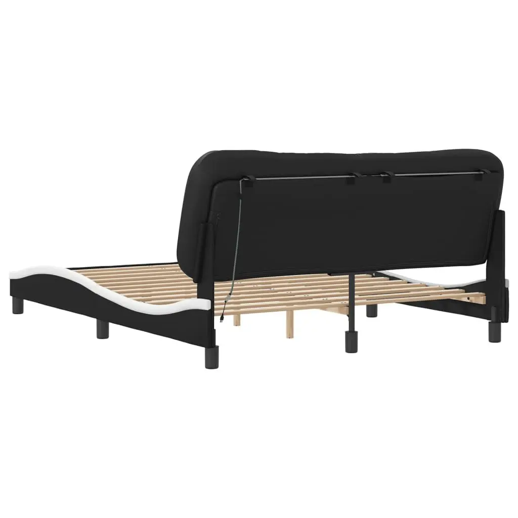 Bed Frame 152x203 cm with LED Lights Black and White Faux Leather Upholstered Headboard