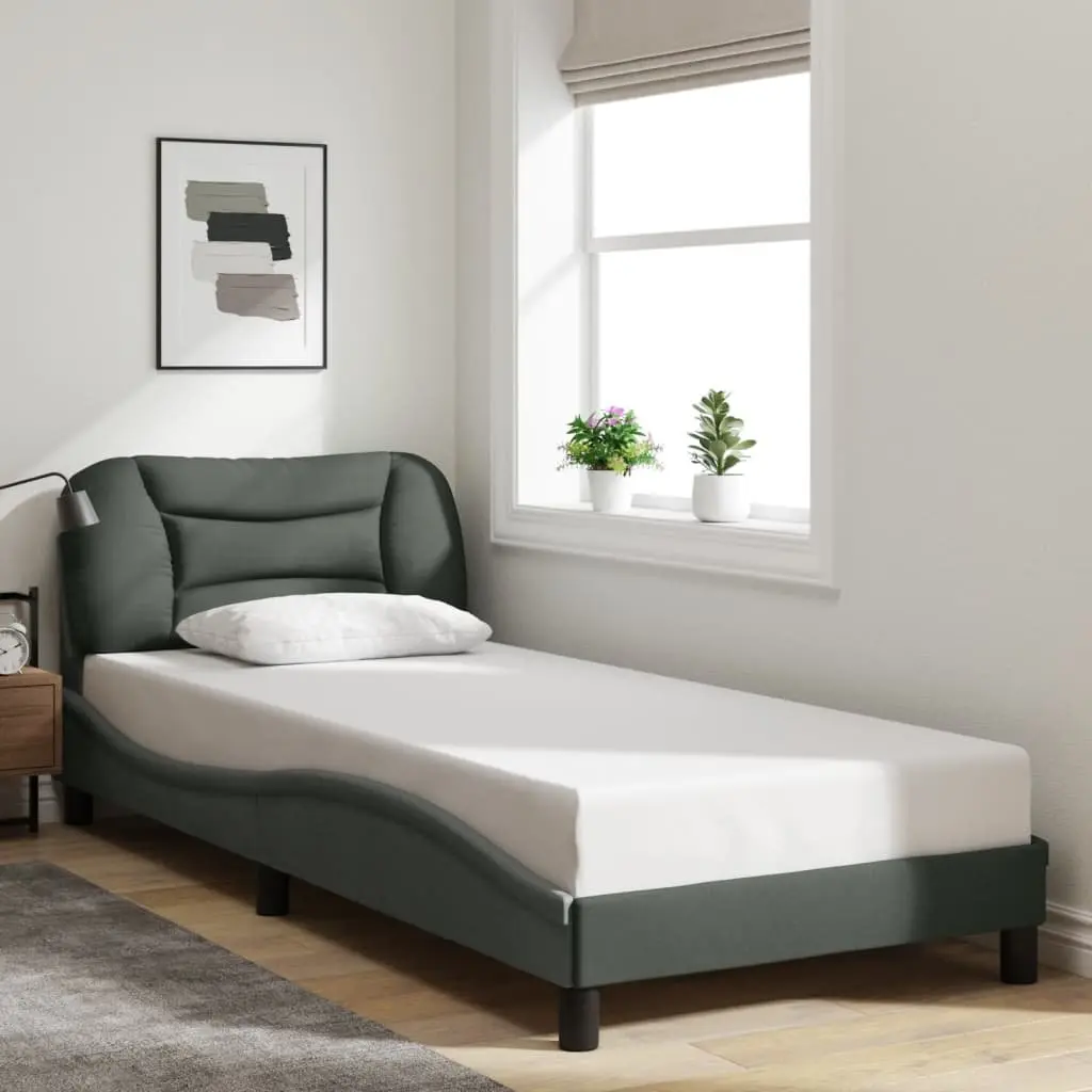 Bed Frame 90x190 cm with LED Lights Fabric Upholstered Slatted Base Grey