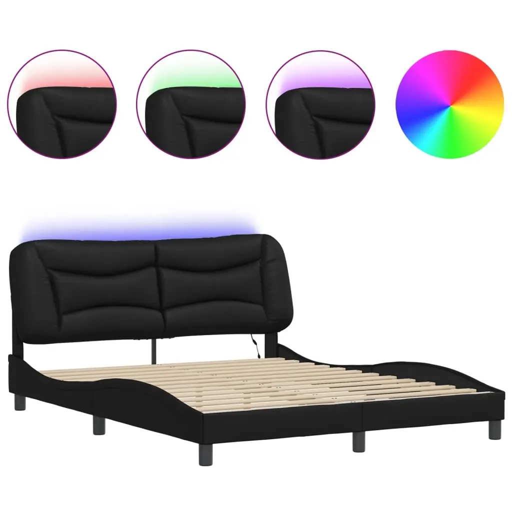 Bed Frame 152x203 cm LED Lights Black Faux Leather Headboard Plywood Slats