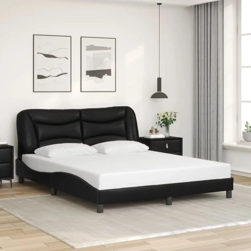 Bed Frame 152x203 cm LED Lights Black Faux Leather Headboard Plywood Slats
