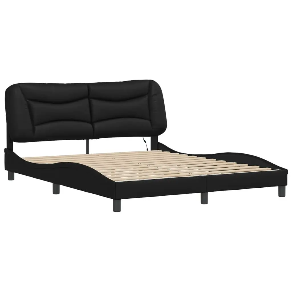 Bed Frame 152x203 cm LED Lights Black Faux Leather Headboard Plywood Slats