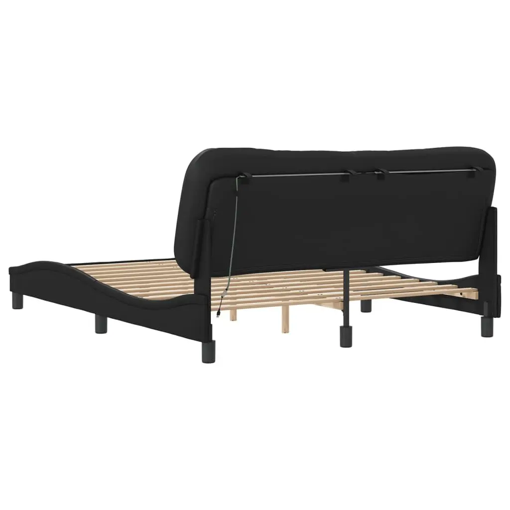 Bed Frame 152x203 cm LED Lights Black Faux Leather Headboard Plywood Slats