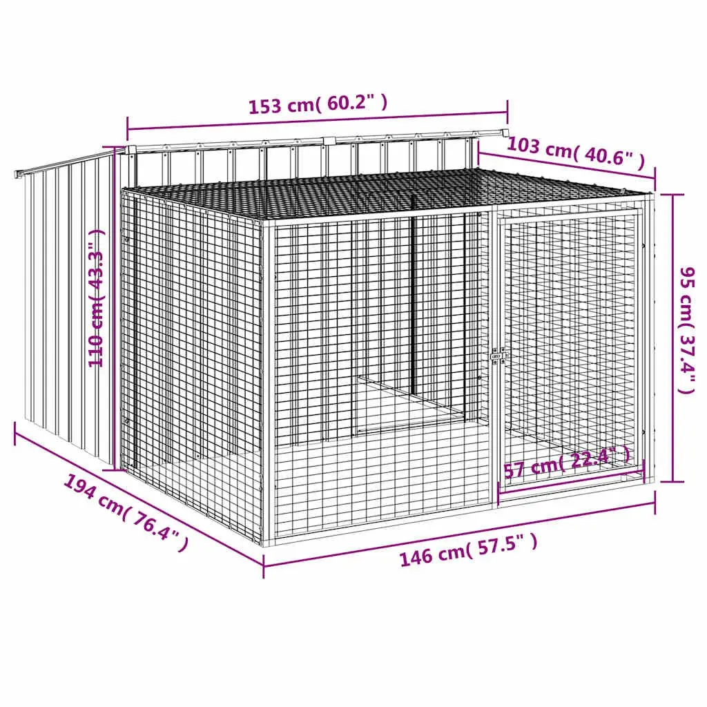 Dog House with Run 153 x 194 x 110 cm Galvanised Steel Outdoor Kennel Shelter Cage