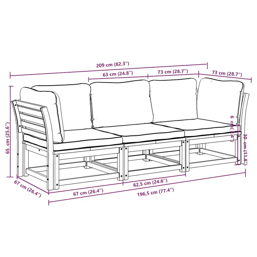 3 Piece Garden Lounge Set Outdoor Sectional Sofa Furniture with Cushions Brown